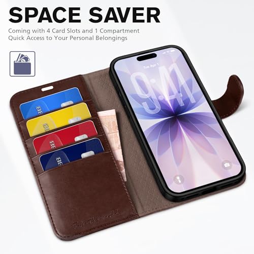 TUCCH Wallet Case for iPhone 17 (6.3") 2025, Flip Stand, Chocolate Brown | RFID Blocking, 4 Card Holders, Kickstand, PU Leather, Shockproof TPU Shell, Magnetic Closure, Protective Folio Cover - color: Chocolate Brown