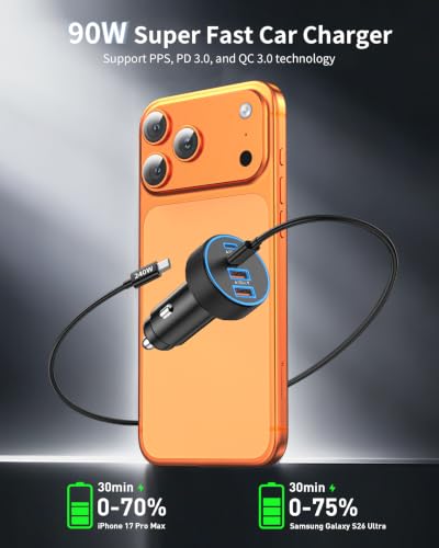 iPhone Duo/18 Pro Max/18 Pro Car Charger, 90W 4-Port Fast USB C Car Charger