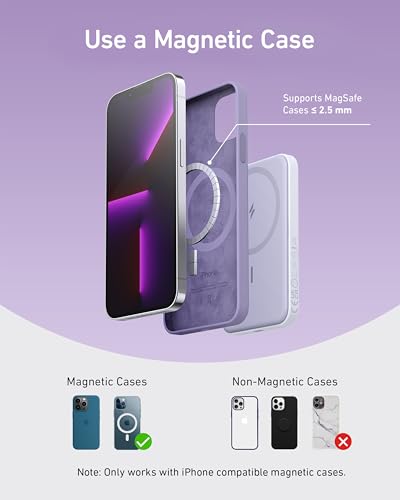 Anker 621 MagGo Power Bank, 5,000mAh Magnetic Portable Charger | Travel Essential Battery Pack with USB-C Cable, Compatible with iPhone 16 / 15 / 14 / 13 / 12 Series - color: Purple, size: 4.13 x 2.62 x 0.45 inches