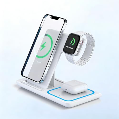 3 in 1 Portable Wireless Fast Charger for Apple & Android, Wireless Charging Station for iPhone17 16 15 14 13 12, Apple Watch & Air pods 4 3 2 Pro, Samsung Galaxy, White - color: White