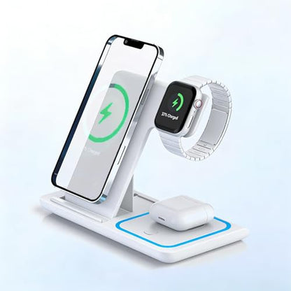 3 in 1 Portable Wireless Fast Charger for Apple & Android, Wireless Charging Station for iPhone17 16 15 14 13 12, Apple Watch & Air pods 4 3 2 Pro, Samsung Galaxy, White - color: White