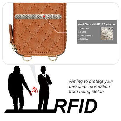 Bocasal Crossbody Wallet Case Card Holder for iPhone 16, Brown | RFID Blocking PU Leather Zipper Handbag Purse, Kickstand Flip Folio Case with Card Slots Holder Wrist Strap Lanyard 6.1 Inch - color: Brown