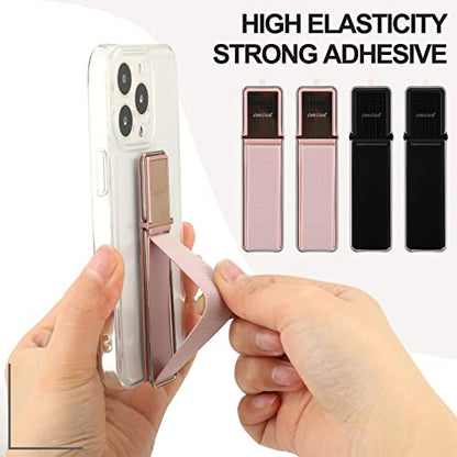 4 Pieces Phone Grip Strap Telescopic Phone Kickstand Elastic Finger Holer Hand Strap Adhesive Loop for Phone Grip with Stand Compatible with Most Smartphones (Black, Rose Gold) - color: Black, Rose Gold