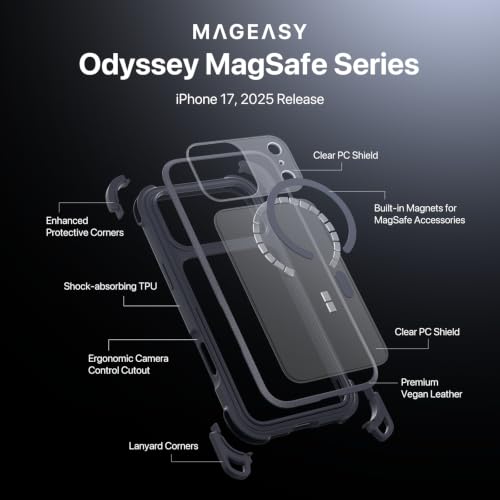 MAGEASY Odyssey MagSafe Crossbody iPhone Case with Strap for iPhone 17 Pro Max 6.9", 20ft Drop Protection, TPU Leather Shoulder Phone Carrying Case with Adjustable Lanyard (Midnight) - color: Midnight, size: iPhone 17 Pro Max