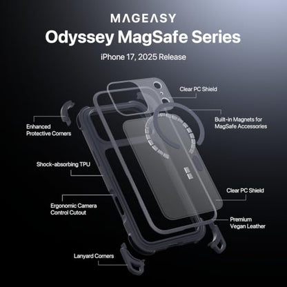 MAGEASY Odyssey MagSafe Crossbody iPhone Case with Strap for iPhone 17 Pro Max 6.9", 20ft Drop Protection, TPU Leather Shoulder Phone Carrying Case with Adjustable Lanyard (Midnight) - color: Midnight, size: iPhone 17 Pro Max