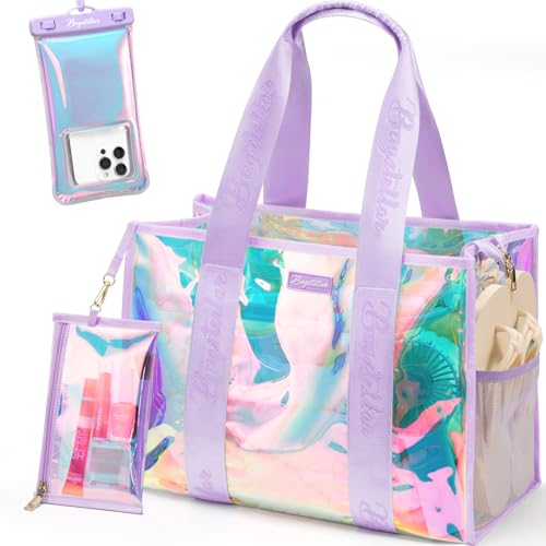 Bagstellar Iridescent Beach Bag, Jelly Tote Bag with Phone Pouch Makeup Bag | Large Beach Bags Waterproof Sandproof, Zipper Beach Tote Clear Pool Swim Boat Bag for Women Summer Travel Cruise Essentials - color: Lavender