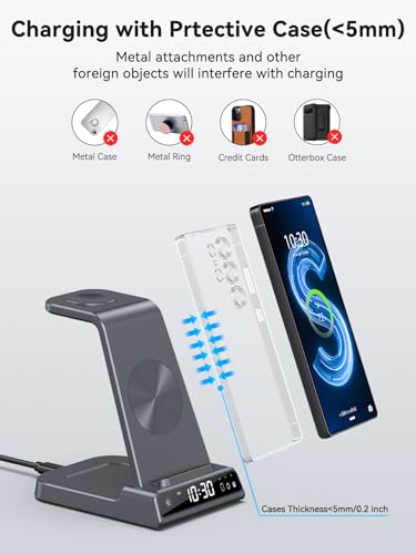 Wireless Charger for Samsung S25 with Clock 3 in 1 Android Charging Station - color: Grey