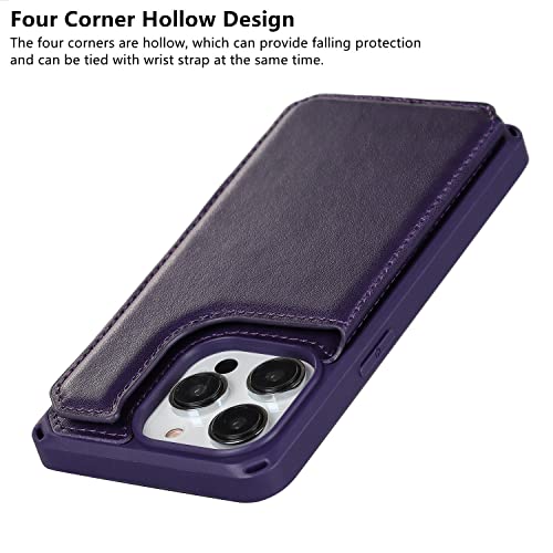 iCoverCase Compatible with iPhone 14 Pro Wallet Phone Case with Card Holder for Women, RFID Blocking Embossed PU Leather Wrist Strap Case 6.1 Inch (Macaron Dark Purple) - color: P-Dark Purple