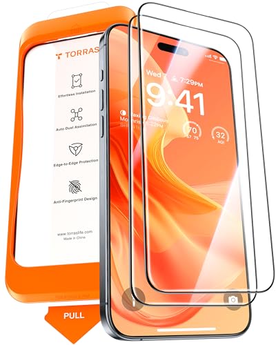 TORRAS Military-Grade Screen Protector for iPhone 15 Pro Max [9H+ Aerospace Tempered Glass＆12FT Shatterproof ] One-Step Installation Full Coverage Fit Bubble Free Top-Notch Protection, 2 Pack - size: iPhone 15 Pro Max (6.7 inch)