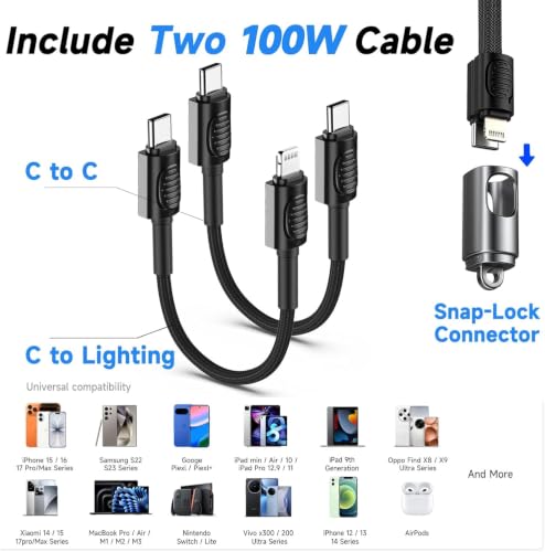 USB C Charger for iPhone 16/15 Charger Fast Charging, GaN Keychain Design Fast Wall Charger Block with 2 Pack USB C to C & C to Lightning Cable, Foldable and Compact for iPhone 17/16/15, iPad(Black) - color: Black