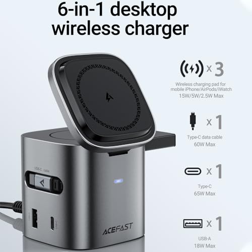 ACEFAST 6-in-1 80W Foldable GaN Wireless Fast Charging Station for iPhone 17/16/15 Series, Desktop Magnetic Wireless Charger Dock Station with USB C Rretractable Cable for AirPods 2/3/4/Pro 2/Pro 3