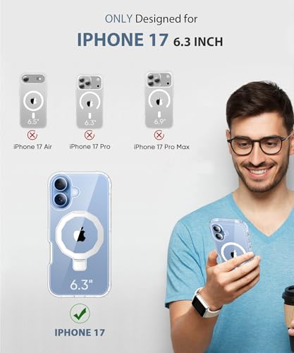 for iPhone 17 Case with Screen Protector, Built-in Seamless Stand, [Compatible with MagSafe] Protective Shockproof Phone Case, Magnetic Slim Cover for iPhone 17 6.3 Inch - Clear | with Screen Protector Protective Shockproof Phone Case, [Compatible with Ma