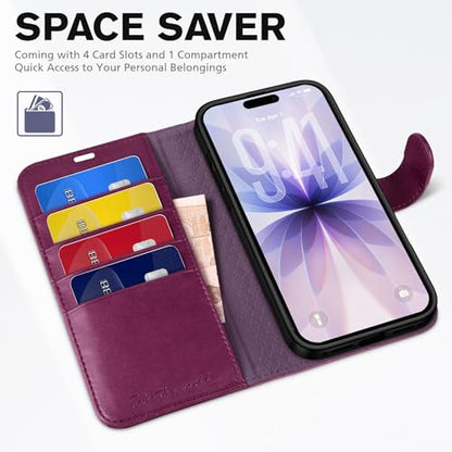 TUCCH Wallet Case for iPhone 17 (6.3") 2025, 4 Card Slots, Plum Purple | RFID Blocking, Viewing Stand, Shockproof TPU Shell, PU Leather, Magnetic Closure, Protective Folio Flip Cover - color: Plum Purple