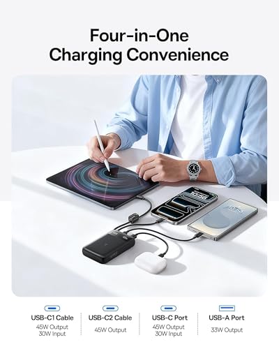 Baseus 20000mAh Compact Portable Charger 45W, CCC Certified Power Bank Built-in USB-C Cables, Travel Essential PD Fast Charging Battery Pack for iPhone 18/17/16 Series Galaxy S25/S24 Ultra Google iPad - color: Black