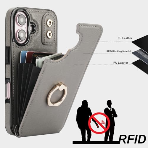 Folosu Compatible with iPhone 16 Case Wallet with Card Holder, 360°Rotation Finger Ring Holder Kickstand, RFID Blocking Leather Protective Double Buttons Shockproof Cover 6.1 Inch Gray - color: Gray