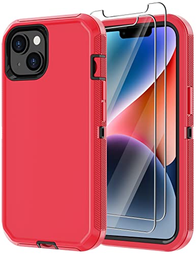 for iPhone 14 Case with 2 Screen Protector,Heavy Duty Shockproof Dropproof Dust Proof Full Body Rugged 3-Layer Military Tough Durable Protective Cover for Apple iPhone 14 6.1" (Red/Black) - color: Red/Black
