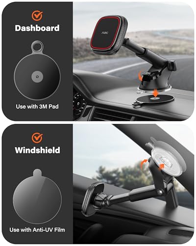 APPS2Car for MagSafe Car Mount, Dashboard & Windshield Suction Cup Holder with Telescopic Arm, Magnetic Phone Holder for Your Car, Designed for iPhone MagSafe Case (Black-Magsafe) - color: Black-Magsafe