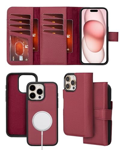 Bayelon Wallet Case for iPhone 15 Pro Max, Trifold Leather Wallet, Detachable Magnetic Flip Folio Cover, Card Holder, iPhone 15 Pro Max Wallet Case, MagSafe Compatible, RFID Blocking (Burgundy) - color: Burgundy, size: iPhone 15 Pro Max