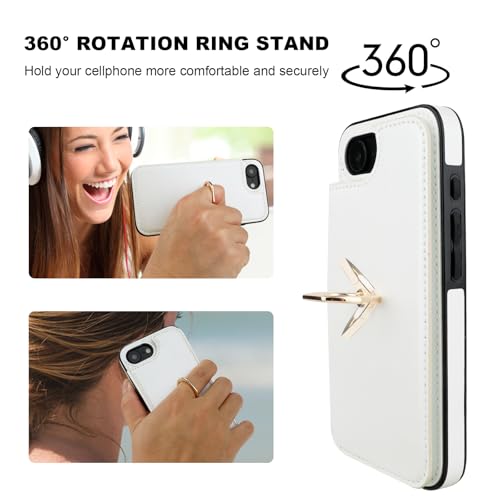 ONETOP for iPhone 17e/16e Wallet Case with Credit Card Holder,White | 360° Rotation Ring Kickstand,Finger Grip,Double Magnetic Clasp,RFID Blocking PU Leather Shockproof Cover for Women Men - color: White