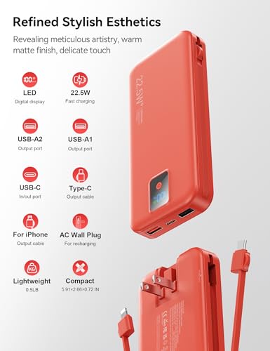 Portable Charger 12000mAh 22.5W w/Built-in Cable & Wall Plug Red - color: Red
