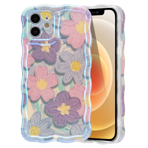 EYZUTAK Case for iPhone 11, Colorful Retro Oil Painting Flower, Pink Purple | Laser Glossy Floral Pattern, Cute Curly Wave Edge, Exquisite Phone Cover, Stylish Durable TPU Protective Case for Girl Women - color: Pink Purple, size: iPhone 11