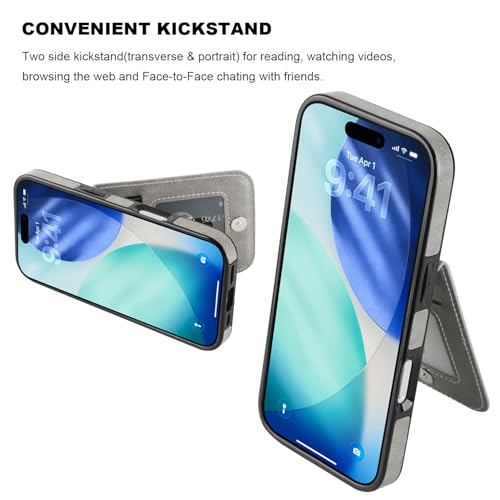 KIHUWEY for iPhone 17 Wallet Case Card Holder Kickstand, Gray | Credit Card Slots, PU Leather, Magnetic Clasp, Flip Heavy Duty Protection Cover for Men and Women - color: Gray