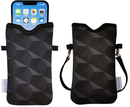 Tainada Neoprene Neck Phone Pouch Bag w/Crossbody Strap (Black Geometric) - color: Black Geometric