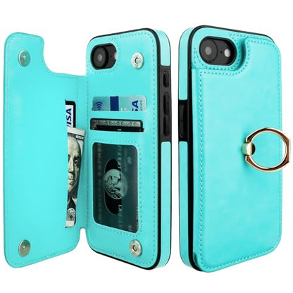 ONETOP for iPhone 17e/16e Wallet Case with Credit Card Holder,LightBlue | 360° Rotation Ring Kickstand,Finger Grip,Double Magnetic Clasp,RFID Blocking PU Leather Shockproof Cover for Women Men - color: Light Blue