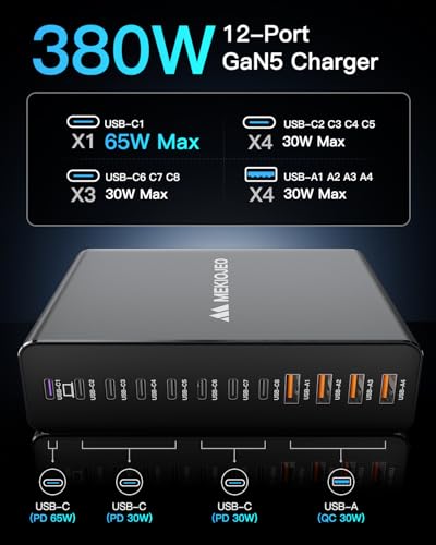 12 Ports Aluminum Alloy MEKIOJEO 380W Charging Station USB C Charger Block - color: Gray