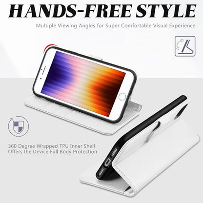TUCCH Case Wallet for iPhone SE 2022/SE 2020/iPhone 8/7 (4.7"), White | 3 Card Holders, Kickstand, PU Leather, Shockproof TPU Shell, Magnetic Closure, Protective Folio Cover - color: White