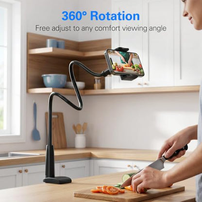 MAGIPEA Gooseneck Phone Holder for Bed, 30in Flexible Overhead Cell Phone Mount for Desk, Hands-Free Viewing Clamp Stand Compatible with iPhone 17 16 15 Pro Max and 3.5-7" Devices - color: Black