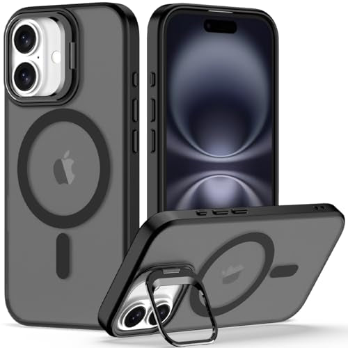 Nvollnoe for iPhone 16 Case Compatible with MagSafe Military Grade Shockproof Heavy Duty Protective Adjustable Kickstand Matte Semi Clear Phone Case for iPhone 16(Black) - color: Black, size: for iphone 16-6.1"(2 lens)