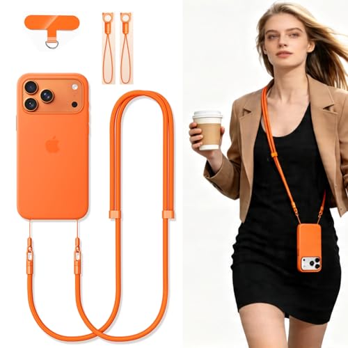 Phone Lanyard Phone Strap Crossbody Compatible with iPhone 17/Air/Pro/Max All Phone Cases with 2 Charms Dual Holes TPU Tab 360° Hook Adjustable Hands-Free Shoulder Neck Camera Strap Anti Theft Orange - color: A-orange