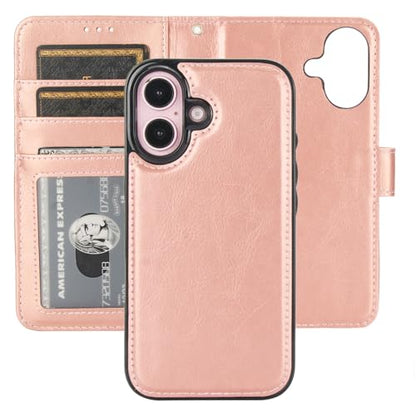 Bocasal Detachable Wallet Case Card Holder for iPhone 16, Rose Gold | RFID Blocking Kickstand Card Slots Holder PU Leather Magnetic Shockproof Wrist Strap Removable Flip Protective Cover 6.1 inch - color: Rose Gold