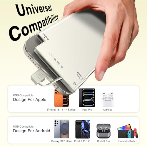 Auskang Thin Portable Charger with Built in USB-C Cable-5000mAh Slim Power Bank Compatible with Samsung, Google Pixel/Android Phones/ iPhone17 16 15 Series etc-Thin Battery Pack for Outdoor Travel