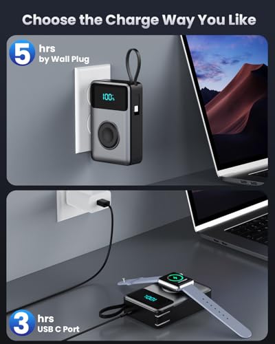 4-in-1 Portable Charger With Built-in Wall Plug&USB-C Cables,10800mAh Power Bank with iWatch Charger,QC4.0+PD 25W Fast Charging Battery Pack,Travel Essentials for iPhone 17/16,Apple Watch,Android etc - color: Black Silver