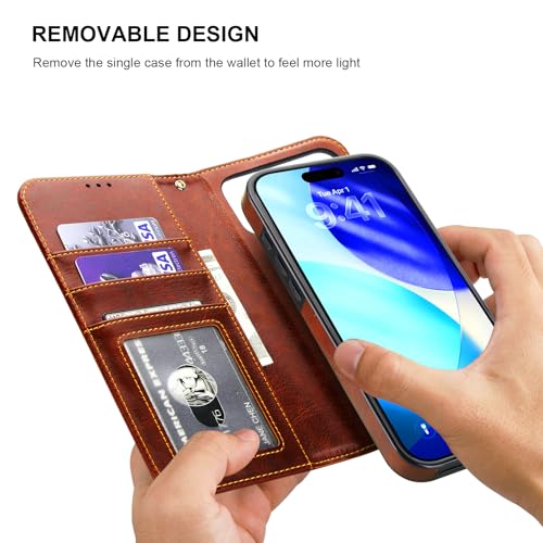 Bocasal Detachable Wallet Case Card Holder for iPhone 17 Pro Max Brown | RFID Blocking Kickstand Card Slots Holder PU Leather Magnetic Shockproof Wrist Strap Removable Flip Protective Cover 6.9 inch - color: Brown