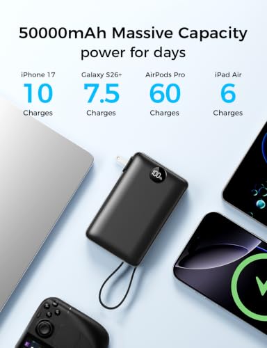 Portable Charger Power Bank 50000mAh Massive Capacity with Wall Plug Black - color: Black