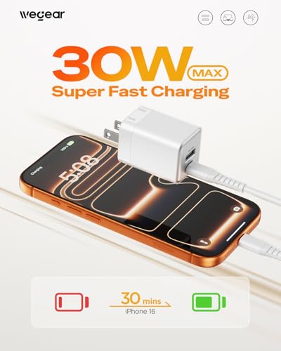 wegear 30W Fast Charger, Dual Port USB C Wall Charger with Foldable Plug - color: White, size: 2 Packs