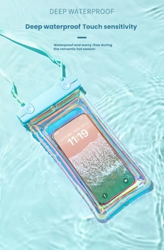 Blue Floating Waterproof Phone Pouch, Holographic Laser TPU Dry Bag with Air Padding, Touch Responsive Case for Swimming, Snorkeling - color: Blue