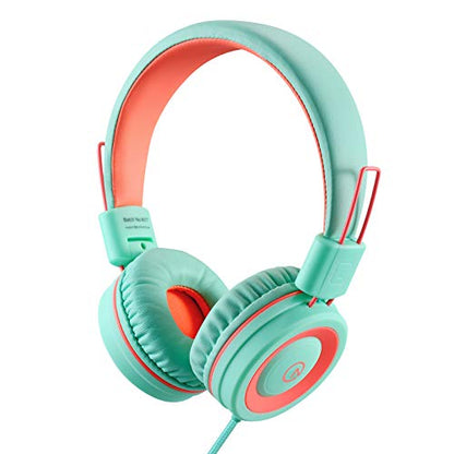 noot products K11 Kids Headphones Wired 3.5mm Jack Tangle-Free Mint/Coral - color: Mint