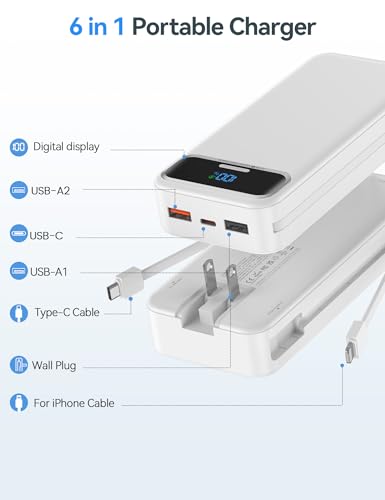 aonidi Portable Charger 20000mAh with Built-in Cables&AC Wall Plug, White - color: Pearl