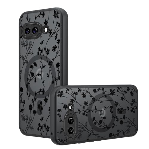 Magnetic Case for Google Pixel 9A [Compatible with MagSafe] Cute Black Flower Floral Pattern Case for Women Girls Soft TPU Bumper Hard PC Back Anti-Fall Shockproof Protective Slim Cover A9 - color: Flower Branch 2, size: Google Pixel 9A