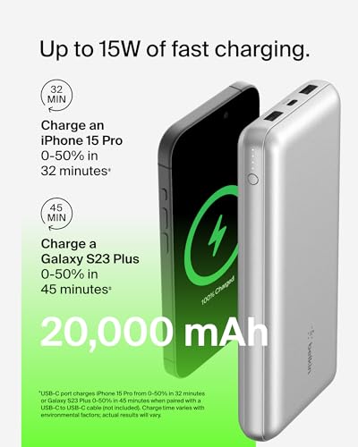 Belkin 20000mAh 15W 3 Port Power Bank, USB A to USB C Cable Included - color: Silver