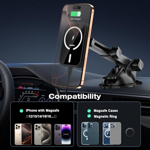 MAGJIEYX for MagSafe Car Mount Charger, (15W Fast Charging) Magnetic Wireless Charging Phone Holder Fits iPhone 16/15/14/13/12 Pro Max Plus/MagSafe Case on Dash/Windshield/Air Vent/Desk Bumpy Roads
