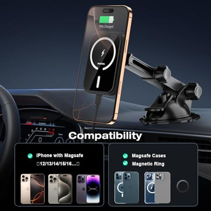 MAGJIEYX for MagSafe Car Mount Charger, (15W Fast Charging) Magnetic Wireless Charging Phone Holder Fits iPhone 16/15/14/13/12 Pro Max Plus/MagSafe Case on Dash/Windshield/Air Vent/Desk Bumpy Roads