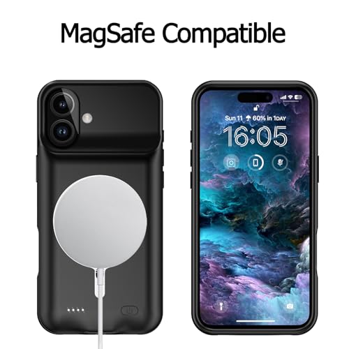 Battery Case for iPhone 16, [10000mAh] Enhanced Rechargeable Portable Protective Wireless Charger Case Battery Pack Support CarPlay Wireless Charging Case Compatible with iPhone 16 (6.1 inch)-Black - size: iPhone 16