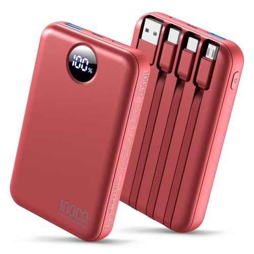 Portable Charger 10000mAh with 4 Built-in Cables 40% Smaller (Red) - color: Red