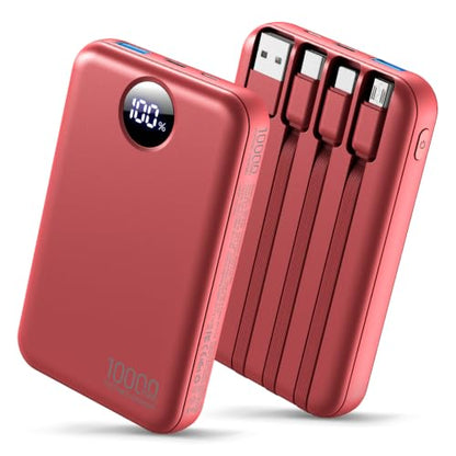 Portable Charger 10000mAh with 4 Built-in Cables 40% Smaller (Red) - color: Red