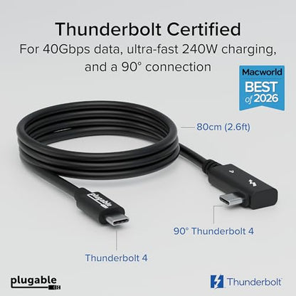 Plugable Thunderbolt 4 Cable Right Angle 40Gbps with 240W EPR Charging
